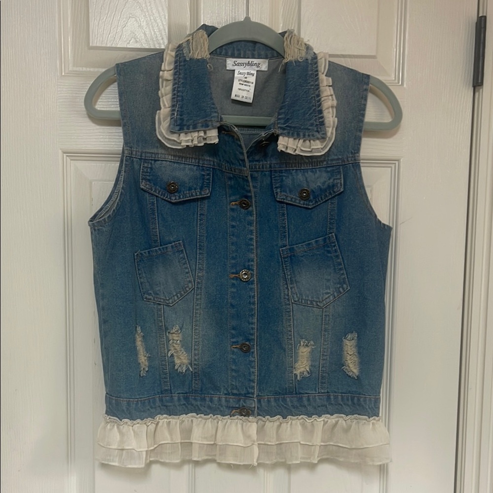 Sassy Bling Denim Vest with Ruffle Detail